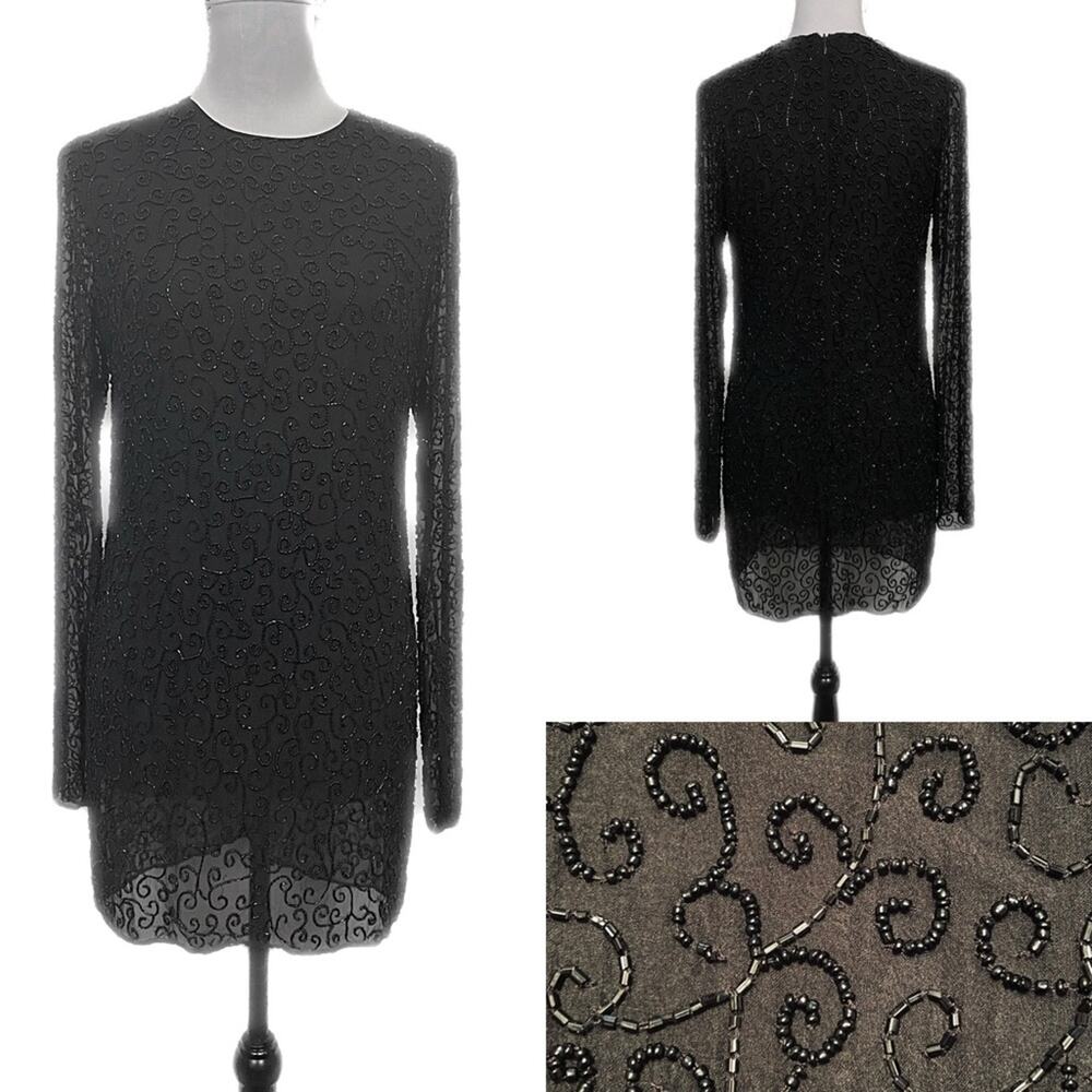 VGUC -  Vintage Alvin Valley Beaded Silk Dress in Black